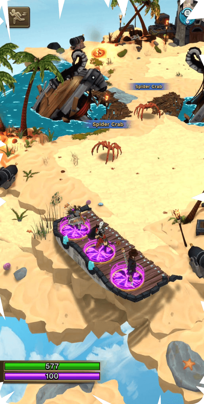 Players prepare for battle on a magical platform near a wrecked ship and hostile crabs.