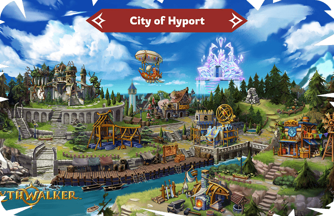 Colorful cityscape from MythWalker featuring docks, labs, and glowing palace.